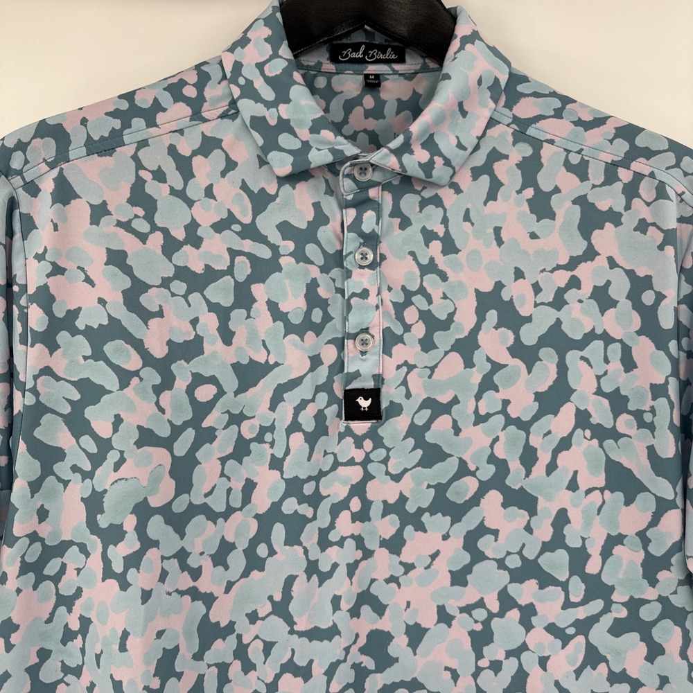 Bad Birdie Polo Shirt Mens Medium Blue Pink Geometric Golf Performance Top